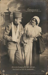 Soldier with Cane Walking with Uniformed Nurse Soldier with Cane Walking with Uniformed Nurse