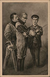 Fencing Three Men, Two in Fencing Gear with Swords Postcard