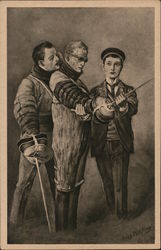 Fencing Three Men, Two in Fencing Gear with Swords Postcard Postcard