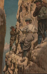 Ernst Platz Reproduction, Two Men and a Woman Mountain Climbing Postcard