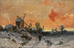 Person Walking Near Snow-Covered Windmill, Houses Postcard