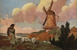 Shepherd in Field with Sheep Near Windmill Postcard