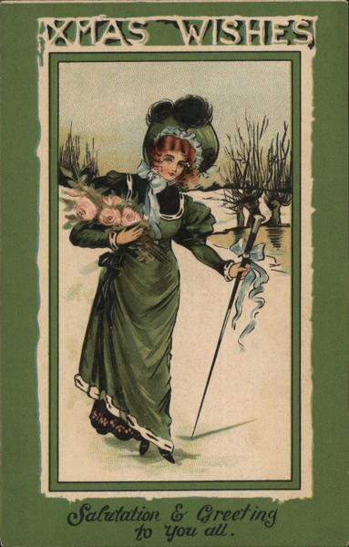 Woman In Green Dress And Bonnet Carries Pink Roses