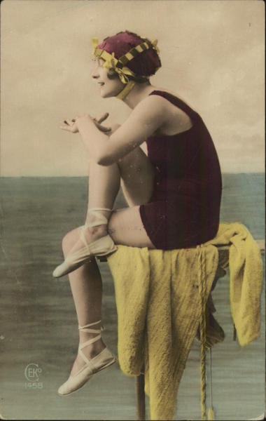 Art Deco Woman in Swimsuit Sitting by Shore Swimsuits & Pinup