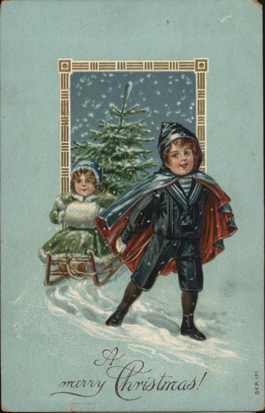 Boy Pulling Girl on Sled, A Merry Christmas Children