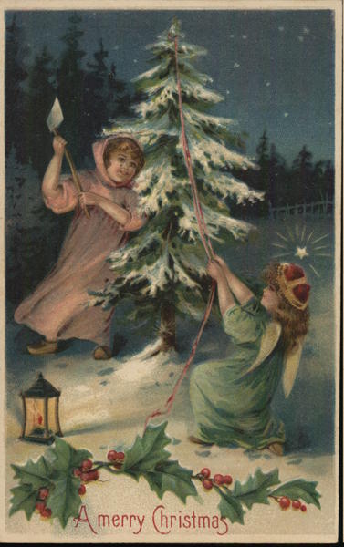 Children chopping down a Christmas tree.