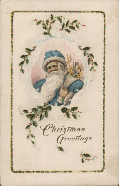Christmas Greetings, Santa in Blue Santa Claus