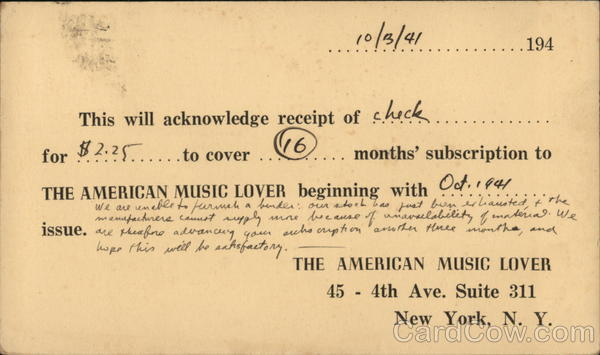 Subscription Stub For The American Music Lover Postal Cards & Correspondence