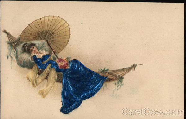 Woman in Hammock, Blue Dress Silk & Fabric Applique