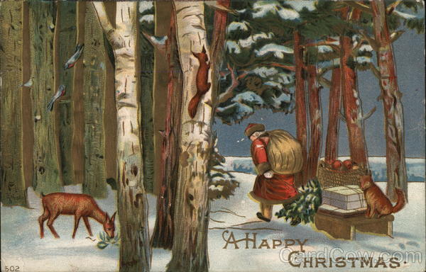 Santa Pulls Load Of Gifts Through Forest While Animals Watch
