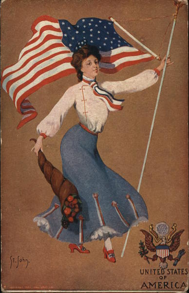 Patriotic woman waving american flag and carrying flowers - United States of America