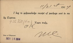 Package Receipt Acknowledgment Nov 1914 Postal Cards Postcard Postcard