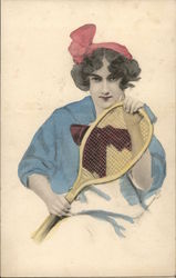 Woman With Tennis Racket Postcard Postcard
