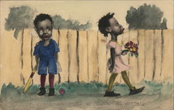 Girl With Bouquet Snubs Boy With Ball Bat Black Americana Postcard Postcard