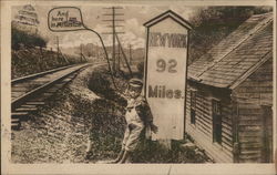 Little Boy Leans Against Sign Showing Distance To New York Little Boy Leans Against Sign Showing Distance To New York