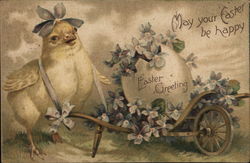 Chick With Wheel Barrow With Easter Egg And Flowers With Chicks Postcard Postcard