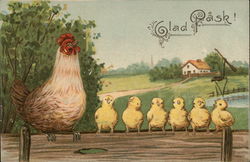 Hen And Six Chicks Sit On Fence Railing Hen And Six Chicks Sit On Fence Railing