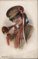 England - Woman in Uniform with Red, White and Blue Streamers Holding Trumpet Postcard