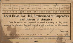 Local Union #1115 Brotherhood of Carpenters & Joiners of America Postcard