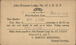 John Ericsson Lodge # 67 IOOF Fraternal Postcard Postcard
