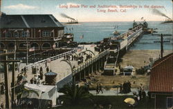 Long Beach and Auditorium, Battleships in the distance Long Beach and Auditorium, Battleships in the distance