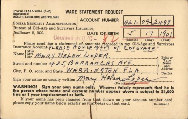 SSA Wage Statement Request Correspondence Card Baltimore Maryland