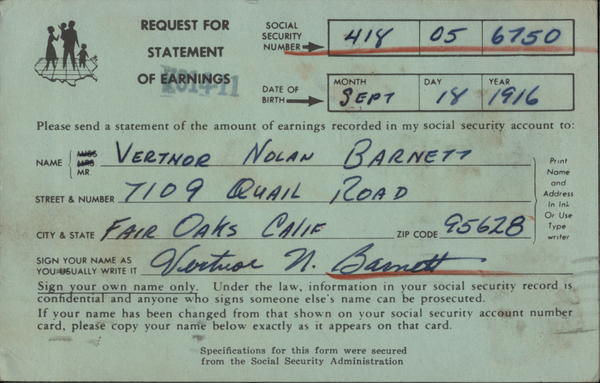 Request for Statement of Earnings - Social Security