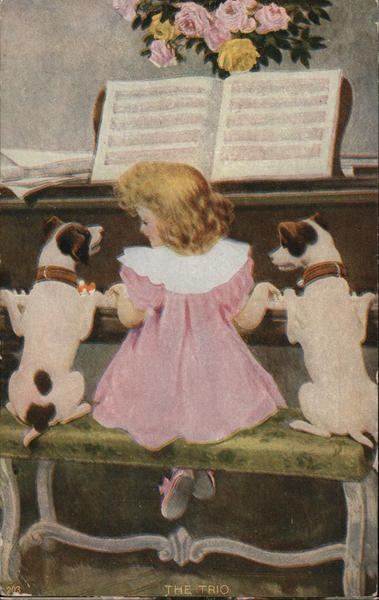 The Trio - Girl at Piano with 2 Dogs Children