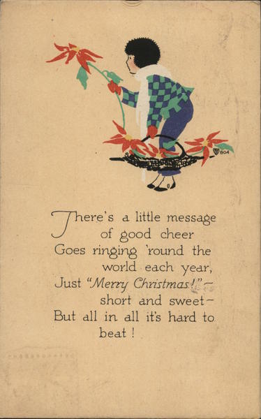 Child dressed in winter clothes holding a basket of poinsettias.