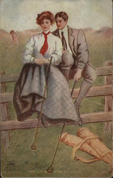 Couple sitting on a fence with golf clubs