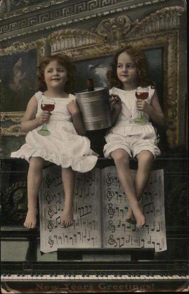 Two Girls on Piano Drinking Wine Pianos
