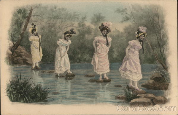Four women Crossing River on Stones