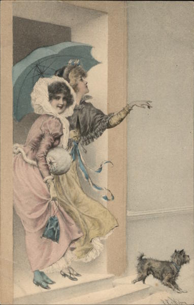 Two Women Under Parasol with Dog
