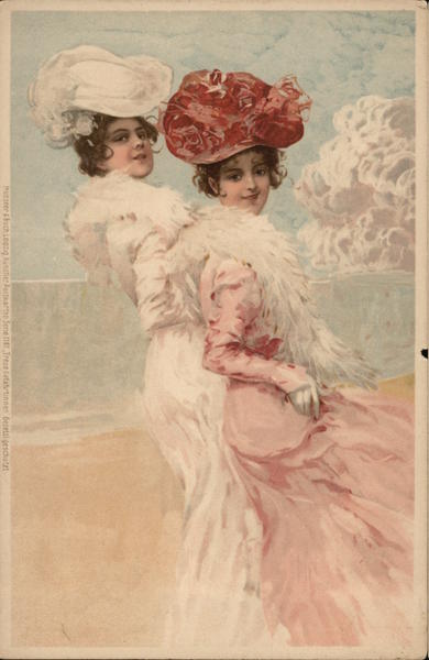 Two ladies with fancy dresses and hats Women