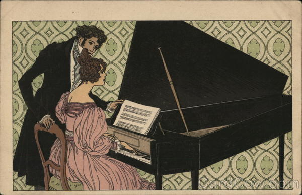 Woman plays piano as instructor looks on M. Munk Women
