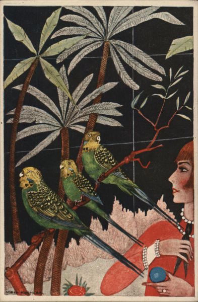 Art Deco Lady with Birds Mela Koehler Artist Signed