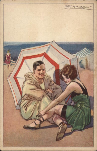 Art Deco Couple on Beach with Umbrella Lucien Achille Mauzan