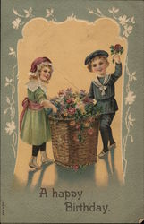 Birthday - A Boy and Girl with Flower Basket Postcard