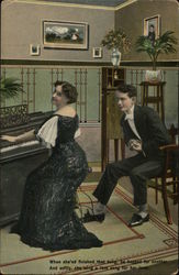 Woman plays piano as man looks on Postcard
