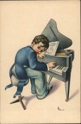 Boy playing grand piano Postcard