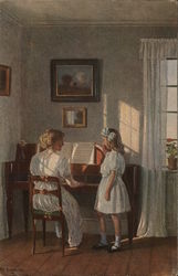 Woman plays piano while girl turns pages. Postcard