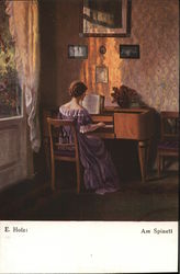 Woman in a Pink Dress Playing the Piano Postcard