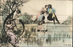Adults and Children with Music Notes Postcard