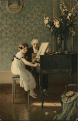 Man and Girl Playing Piano Children Postcard Postcard