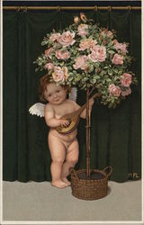 Cherub playing an instrument by a flower tree Postcard