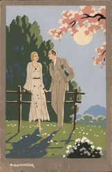 Art Deco Block Print of Couple in Park Artist Signed G. Meschini Postcard Postcard Postcard