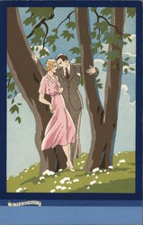 Art Deco Man And A Woman Chat While Standing Among Trees Postcard