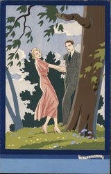 Art Deco Man and Woman Standing By Tree Holding Hands Artist Signed Postcard Postcard