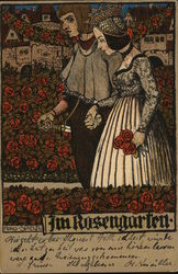 Couple strolling through rose garden holding hands "In Rose Garden" Postcard