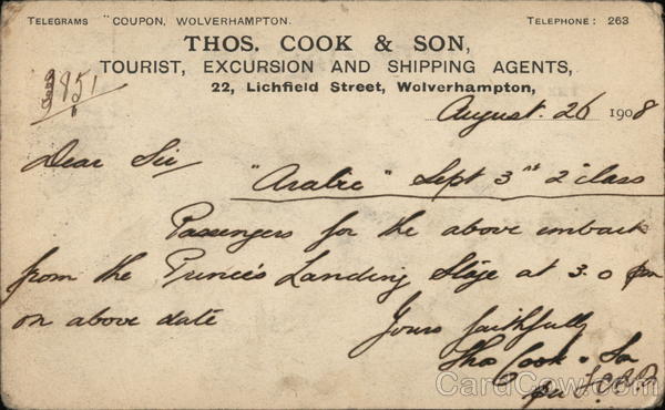 Thos., Cook & Son Shipping Agents, 22 Lichfield Street Wolverhampton England